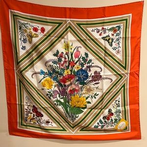 Gucci Orange Floral Silk Scarf 32”x32”
